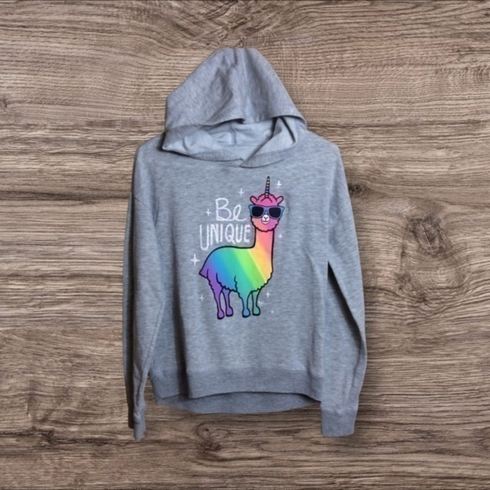 Justice 12/14 large gray hooded, llama sweatshirt.